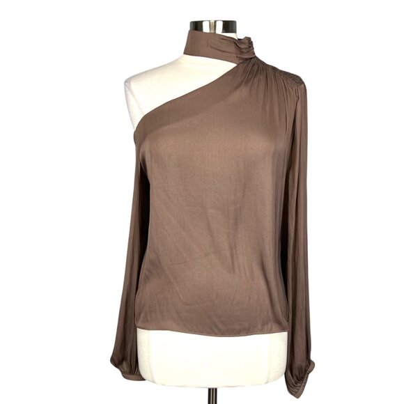 Evereve Allison Joy Womens Piper One Shoulder Blouse Mocha Brown Satin size M - Picture 2 of 14